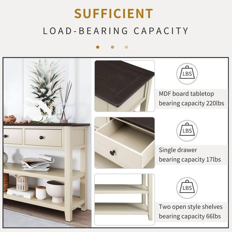Pine Solid Wood Console Table with Two Open Shelves