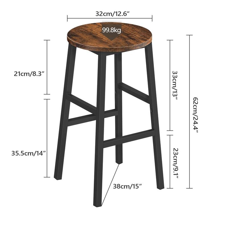 Bar Stools, Set of 2 Round Bar Chairs with Footrest, 24.4 Inch Kitchen Breakfast Bar Stools, Industrial Bar Stools,Easy Assembly