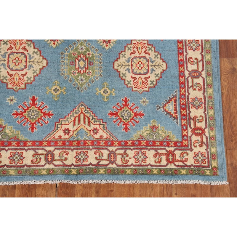 Light Blue Geometric Kazak Area Rug Hand-Knotted Oriental Wool Carpet - 4'3" x 6'4"