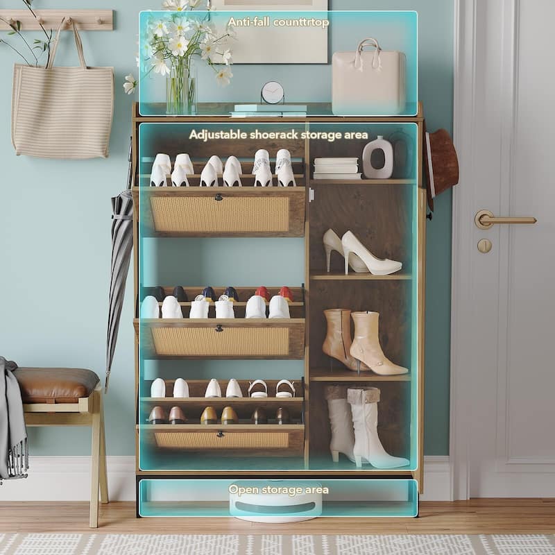 3-Tier Shoe Storage Cabinet with Rattan Doors and Adjustable Compartments