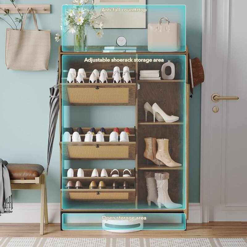 Rattan Shoe Storage Cabinet with 3 Flip Drawers - 3 Flip Drawers