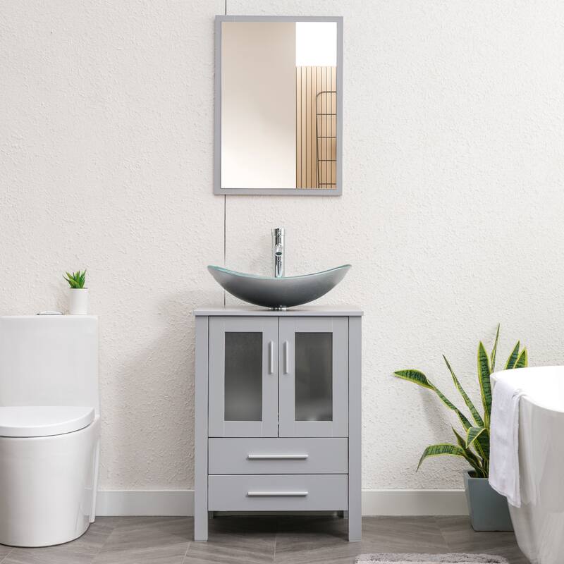 Eclife 24" Bathroom Vanity Gray Set Glass/ Ceramic Vessel Sink Cabinet Faucet Drain Combo Free Standing