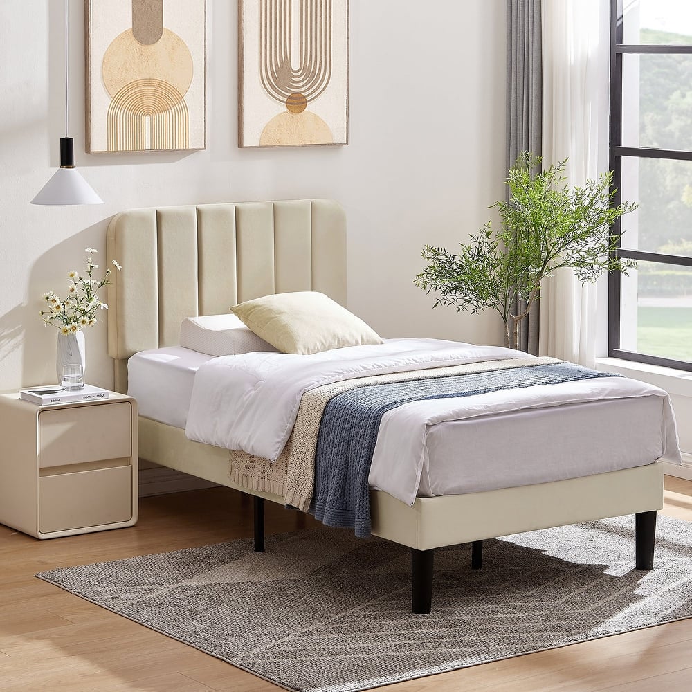 VECELO Modern Upholstered Platform Bed Frame with Adjustable Velvet Headboard Under-Bed Space for Storage No Box Spring Needed
