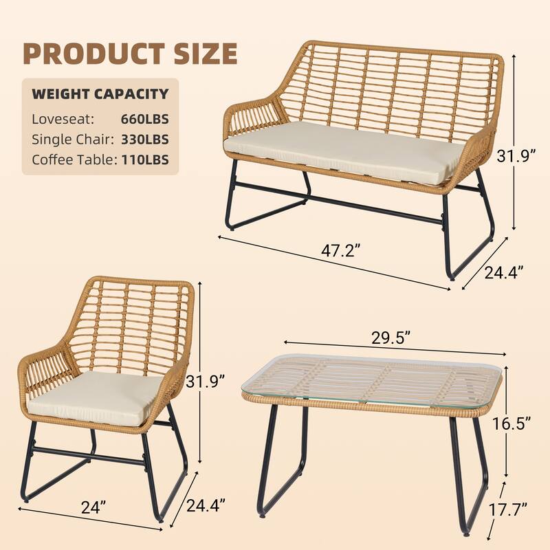 4 Piece Patio Furniture Set, Outdoor Wicker Conversation Set with Loveseat,Chairs and Table - 47.2" W x 24.4" D x 31.9" H