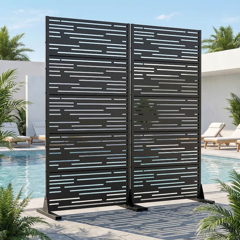 Outdoor Privacy Screen with Stand for Patio Garden Metal Fence Set of 2 - Black - 59"x30"