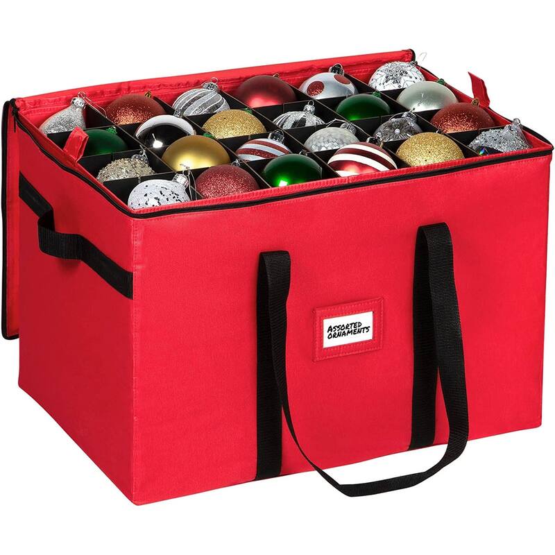 Christmas Ornament Storage Container - Heavy Duty 600D Tear Resistant Material, Zippered, Adjustable Dividers