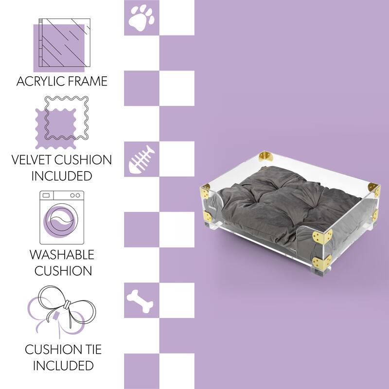 Haines 21.5" x 15.25" Small/Medium Modern Lucite Velvet Pet Bed with Washable Cushion, Dark Gray/Clear