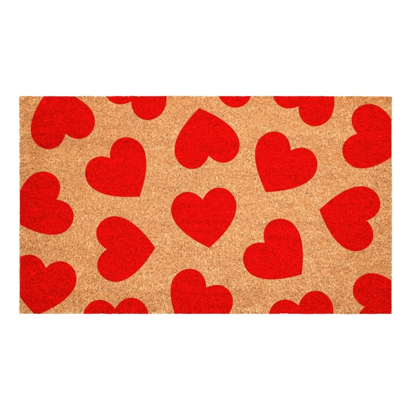 HomeRoots 17" X 29" Brown And Red Hearts Outdoor Coir Door Mat - 17.00' X '29.00