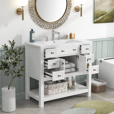 36'' Modern Storage Single Sink Bathroom Vanity Cabinet with Top Sink, 2 Soft Closing Doors and 6 Drawers