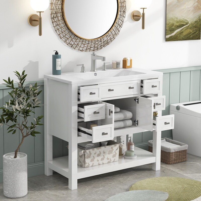36'' Modern Storage Single Sink Bathroom Vanity Cabinet with Top Sink, 2 Soft Closing Doors and 6 Drawers