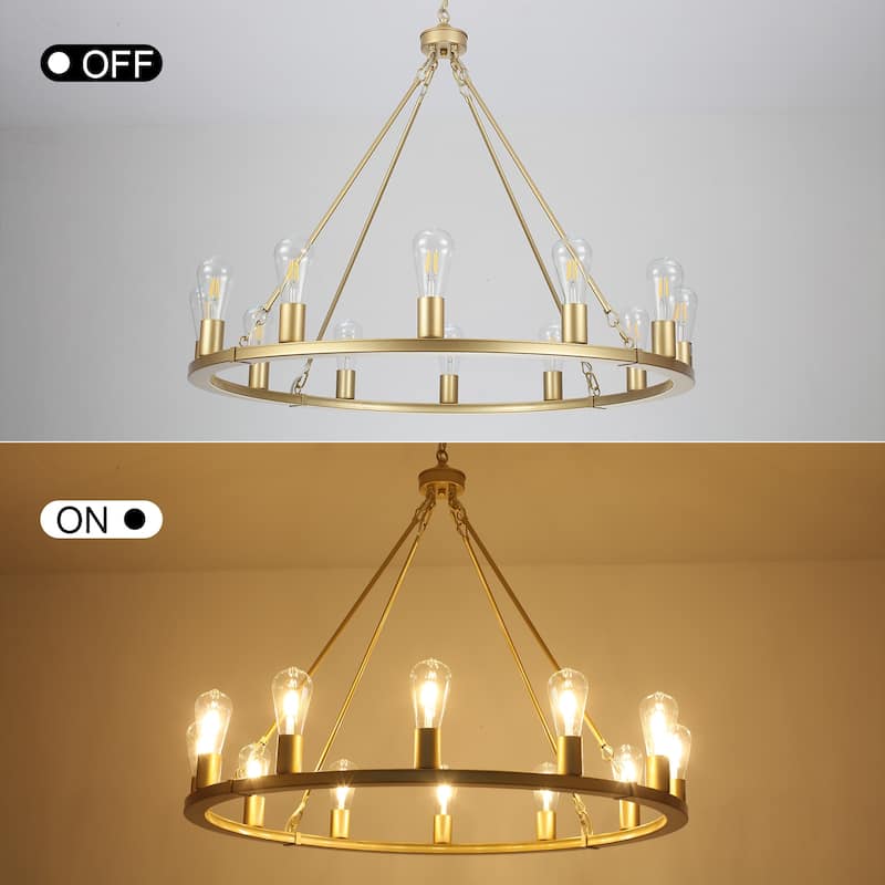 35.43-inch Round Wagon Wheel Chandelier, 12-light Adjustable Chandelier for Living Room Kitchen Island Dining Foyer - Spray Gold