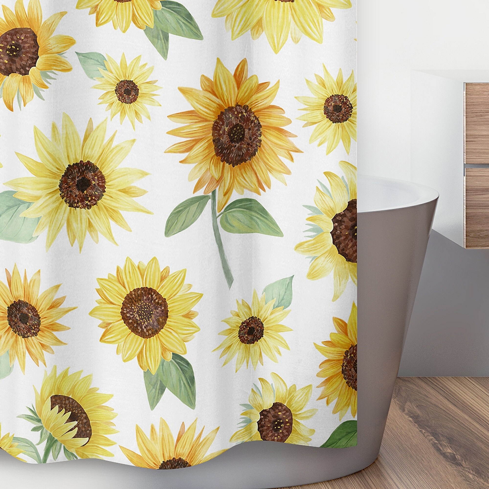 Sweet Jojo Designs Yellow Green White Boho Floral Sunflower Bathroom Fabric  Bath Shower Curtain - Farmhouse Watercolor Flower