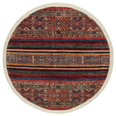 Tribal Khurgeen Norma Drk. Red/Drk. Blue Hand-knotted Wool Rug - 3'11 x 4'0 - 3'11'' x 4'0''