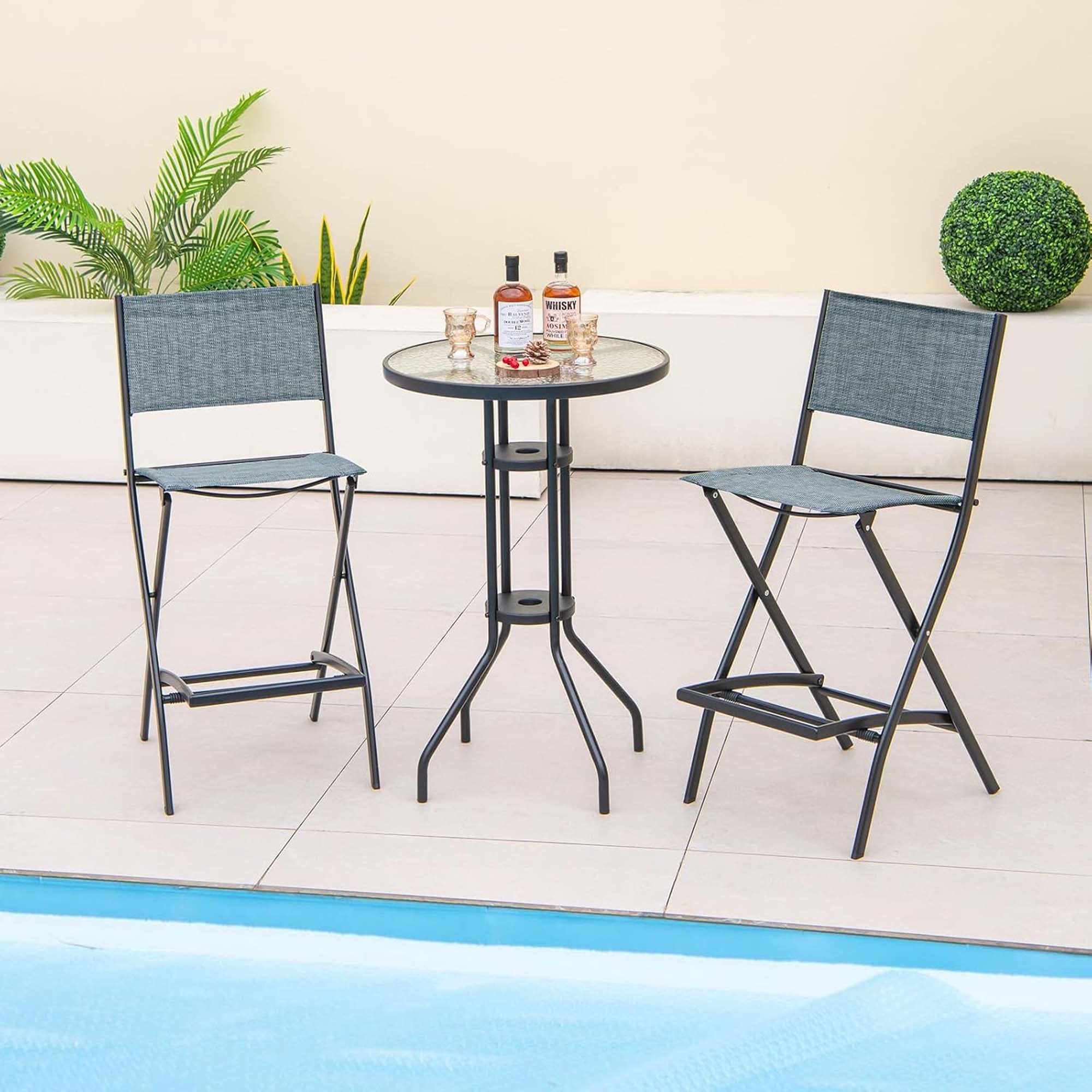 Set of Outdoor Bar Chair Folding Bar Height Stool with Metal
