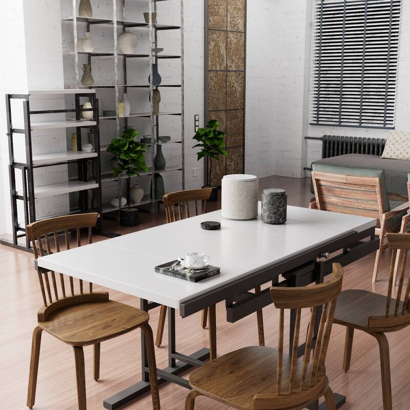 Solid Mahogany Wood Multifunction Convertible Dining Table, Free Switch Space Saving Table Shelf for Home and Studio