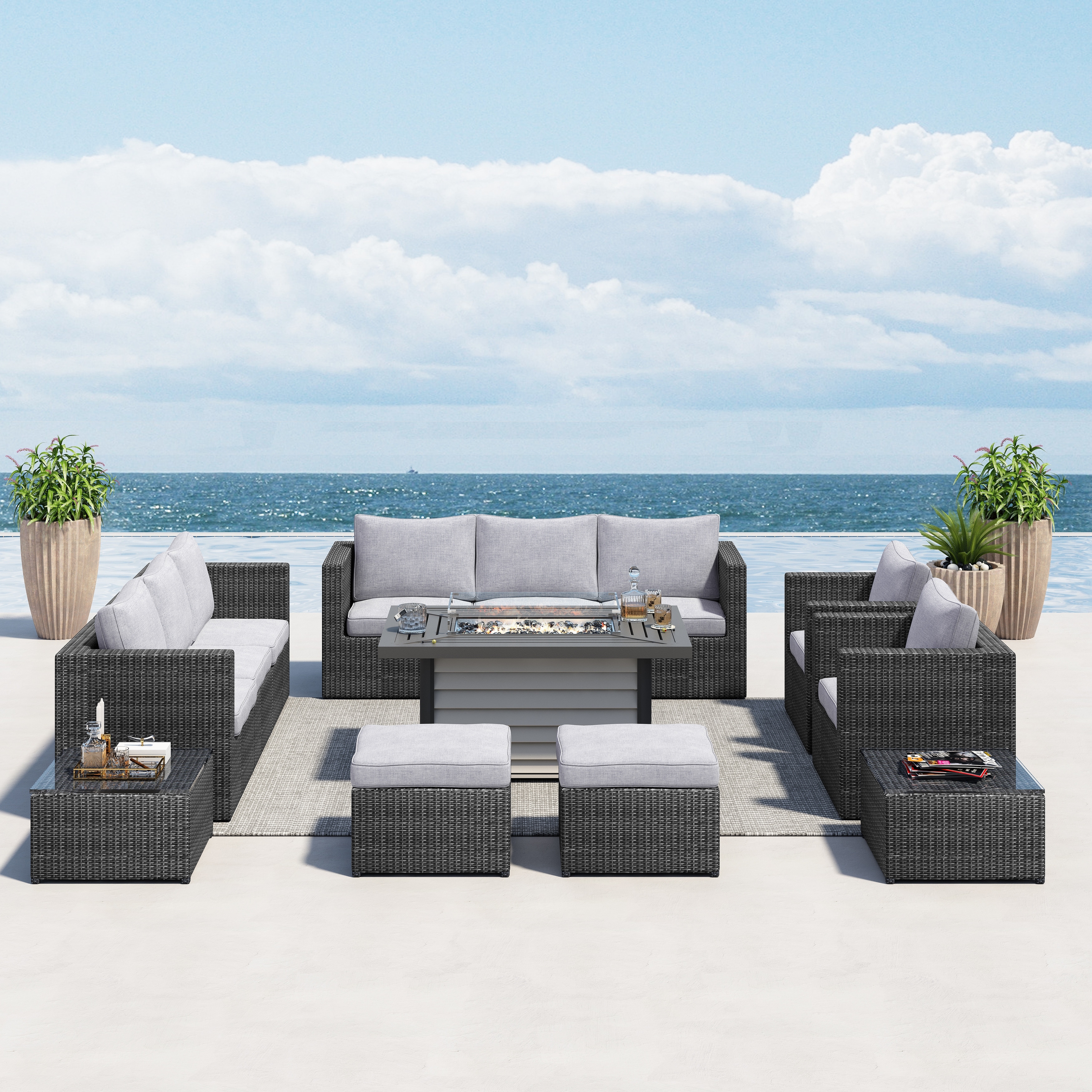 corvus trey 13 piece wicker patio sectional sofa set with fire pit table