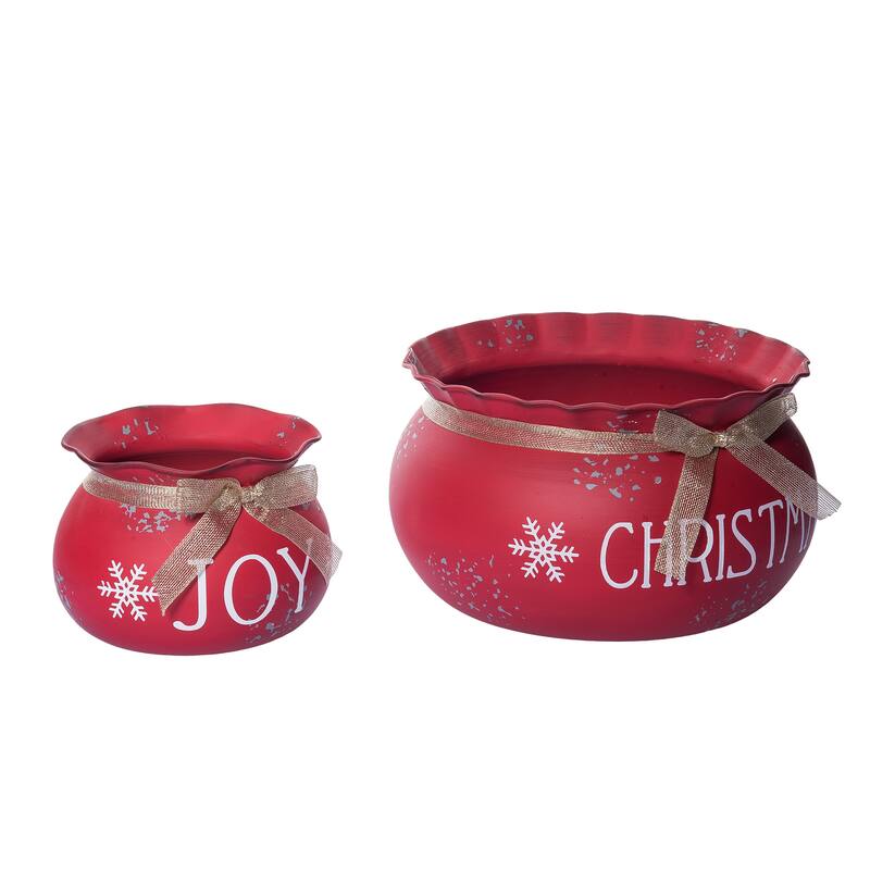 Transpac Metal 11 in. Red Christmas Santa Sack Containers Set of 2