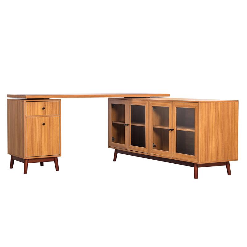 66.5" Large Office Desk with Drawers, Modern L-shaped Desk with Delicate Tempered Glass Cabinet Storage, Business Desk