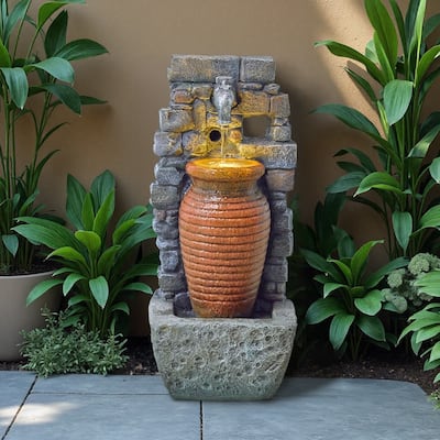 Outdoor 2-Tier Hand Crafted Polyresin Rustic Jar and Stone Wall Weather Resistant Fountain – Vbal