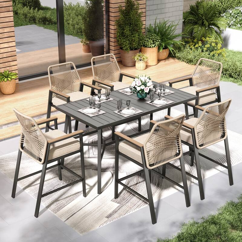 7-Piece Outdoor Patio Wicker Bar Counter Height Stool Set with Back and Cushion