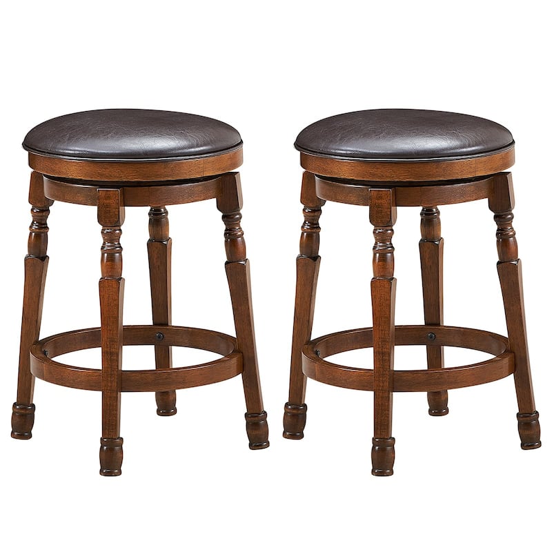Bar Stools Set of 2 Swivel Barstools 24" Counter Height Bar Stools Backless Solid Wood Chairs with Faux Leather Seat, - Walnut