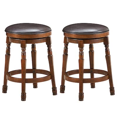 Bar Stools Set of 2 Swivel Barstools 24" Counter Height Bar Stools Backless Solid Wood Chairs with Faux Leather Seat,