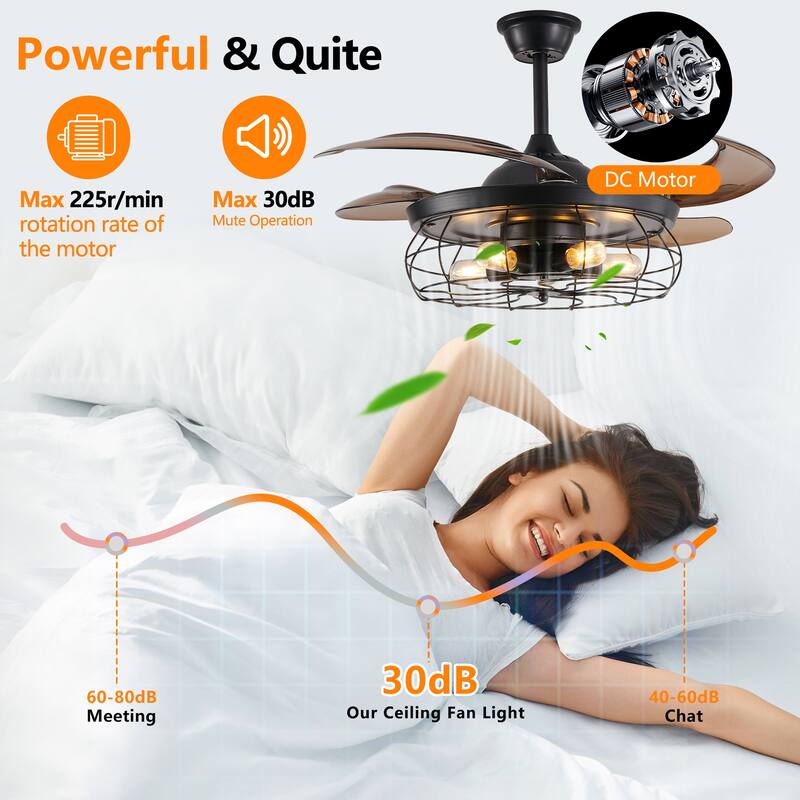 48 Inch Retractable Caged Ceiling Fan with Remote, Industrial 6-Speed/Reversible/DC Motor Ceiling Fan (Bulb Not Included)