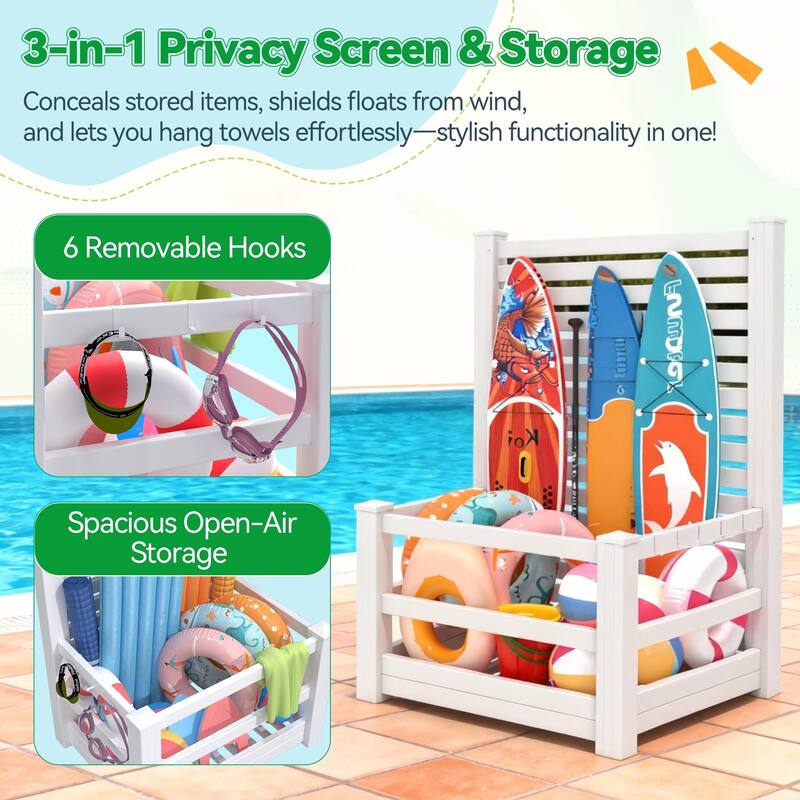 Waterproof Outdoor Pool Storage Bin with Hooks, Basket Holder or Long Panel for Poolside & Patio