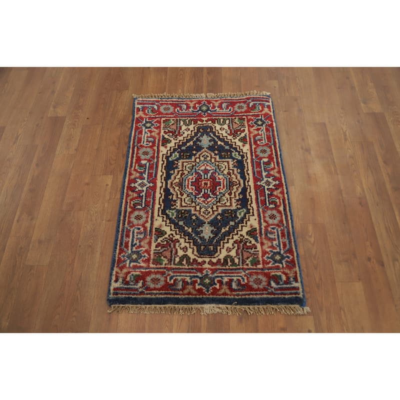 Hand Knotted Oriental 100% Wool Carpet Traditional Medallion Navy Blue & Blues Heriz (serapi) Area Rug - 3' 0'' X 2' 0''
