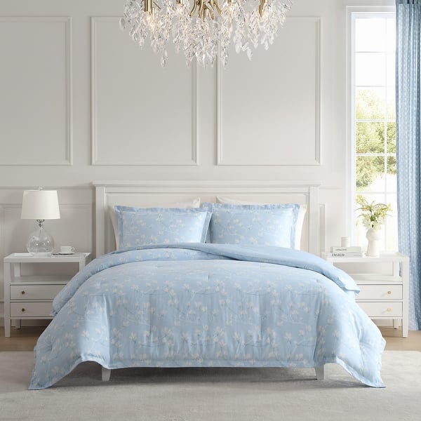 slide 2 of 8, Laura Ashley Magnolia Grove Floral Reversible Breathable Cotton Comforter Set (Blue)