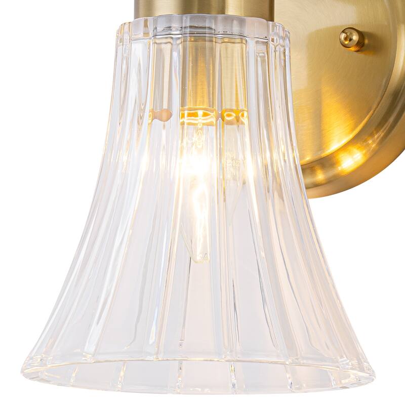 Gold Metal Wall Sconce Ribbed Trumpet Glass Shade for Bathroom Vanity