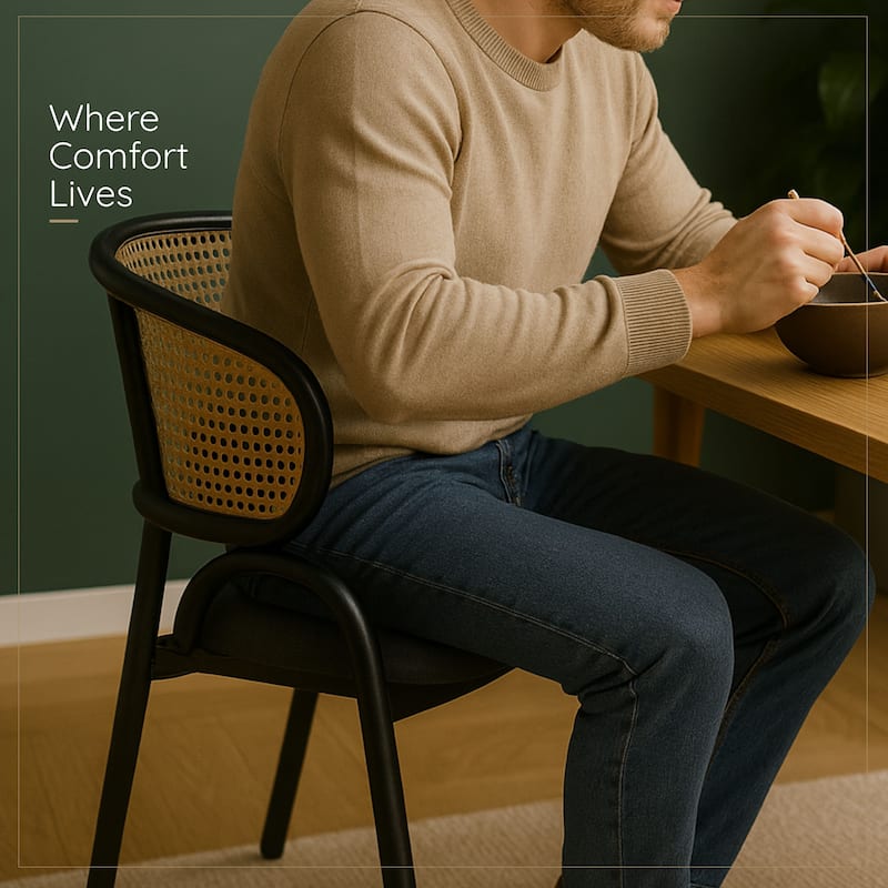 Ervilla Ergonomic Wicker Back Velvet Accent Dining Armchair with Powder Coated Steel Legs Protective Pad