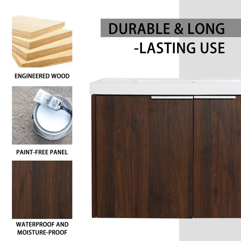 Modern Floating Bathroom Vanity with Single Resin Sink, Soft-Close Doors, Ample Storage, and Luxury Metal Handles
