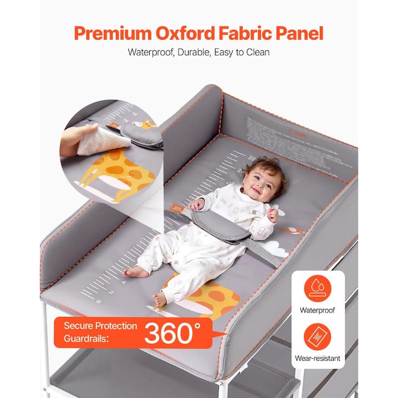 Grey Oxford Fabric Adjustable Kids Changing Table with 3 Drawers and Lockable Wheels - 29.72 x 20.08 x (39.37-42.32) in