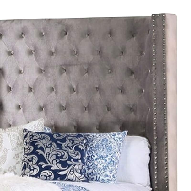 Rozy Queen Bed with Wingback Headboard, Nailhead Trim, Gray Upholstery