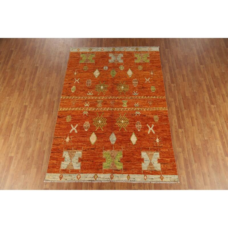 Geometric Orange Moroccan Oriental Area Rug Hand-Knotted Wool Carpet - 6'8" x 9'8"