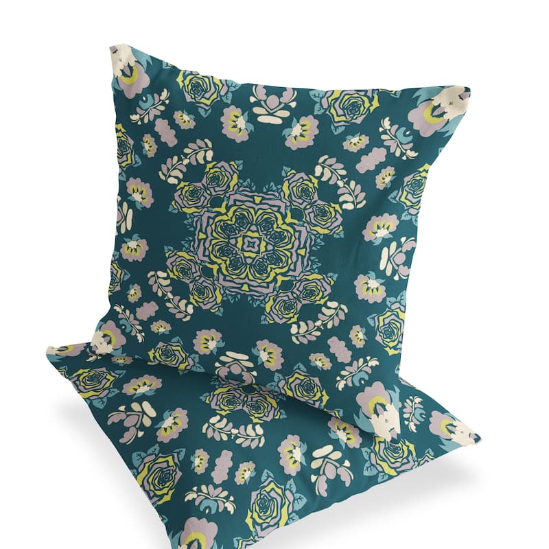 HomeRoots Set of Two 16" X 16" Green and Yellow Blown Seam Floral Indoor Outdoor Throw Pillow - 16.00' X '16.00' X '5.00