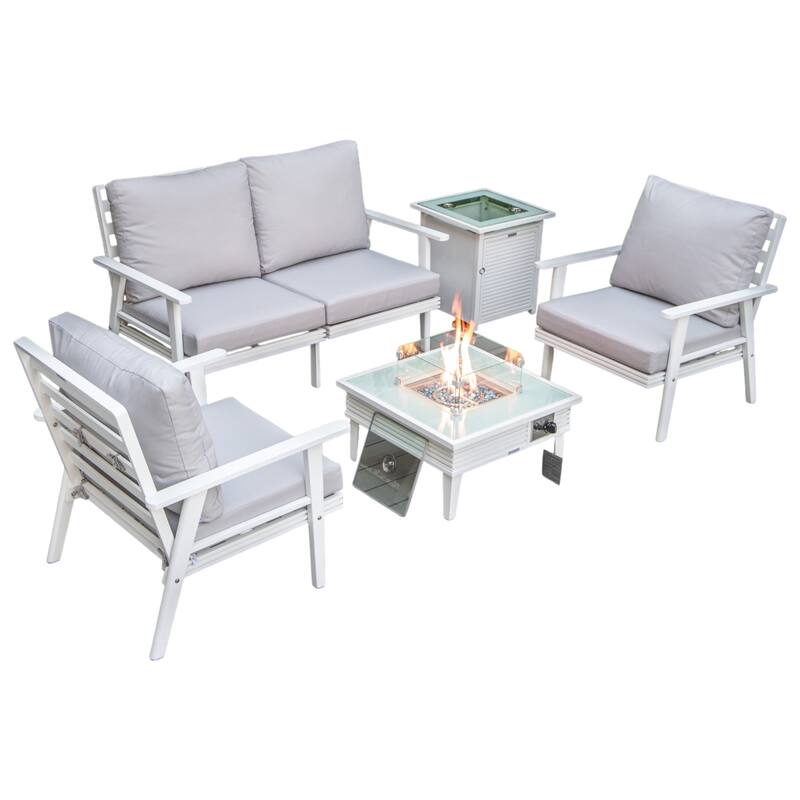 Walbrooke Polyester Upholstered Aluminum Powder Coated Outdoor Patio Furniture Set with Fire Pit Table - Light Grey