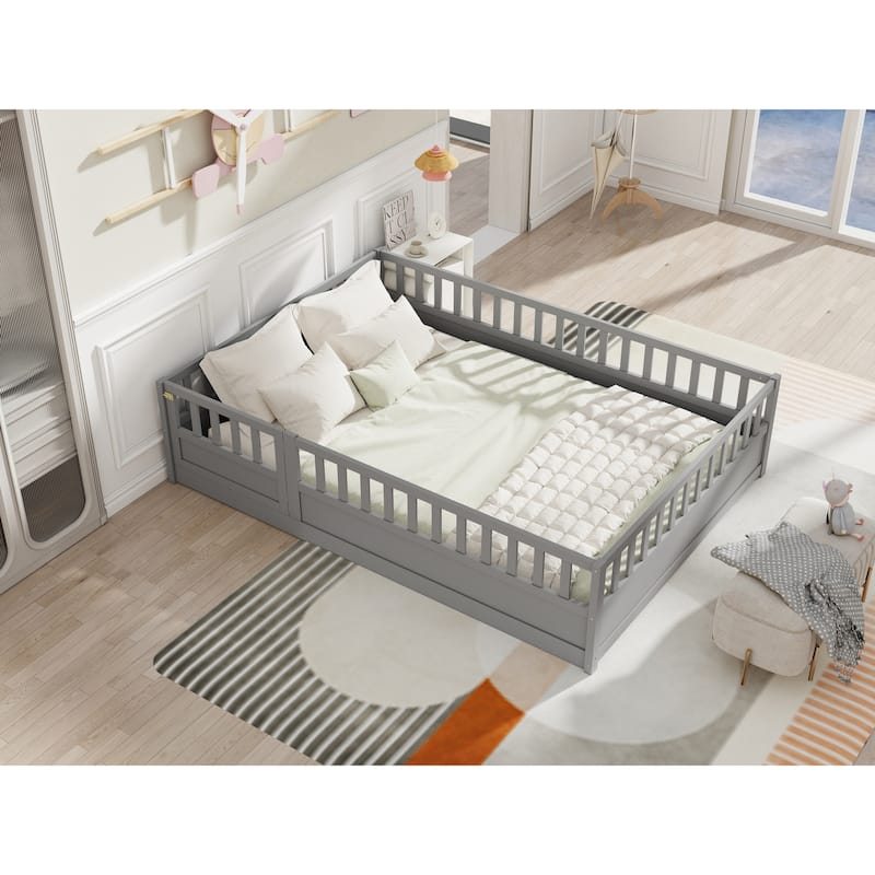 Pine Floor Bed with Guardrail & Door