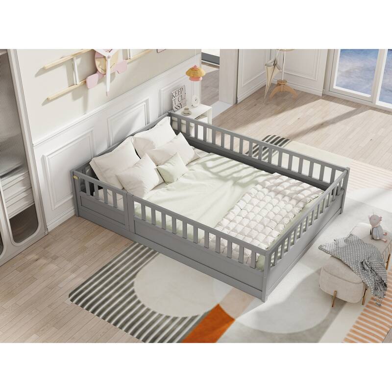 Pine Wood Floor Bed with Full-length Guardrail and Door for Kids, Adults