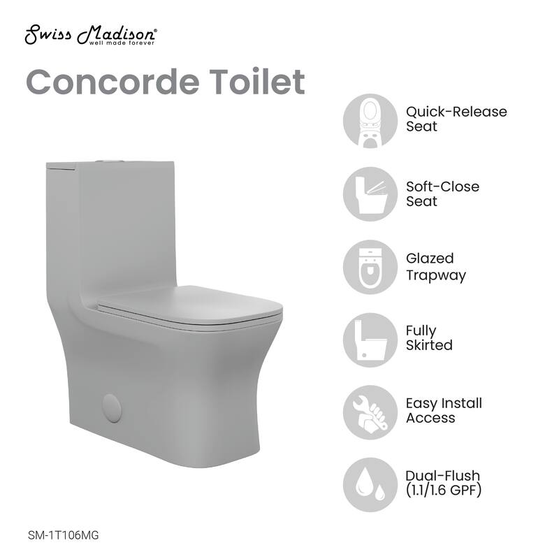 Concorde One Piece Square Toilet Dual Flush In Matte Grey 1.1/1.6 Gpf - 26.06" x 13.98" x 29.21"