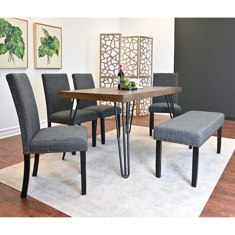 6-Piece Industrial Dining Set with Rectangular Table & Linen Chairs - Brown+Gray