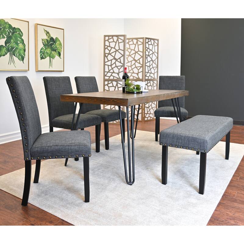 Mid-Century Modern Rectangular Dining Table with Brass Nailhead Chairs and Metallic Hairpin Legs for Kitchen Living Room - Grey