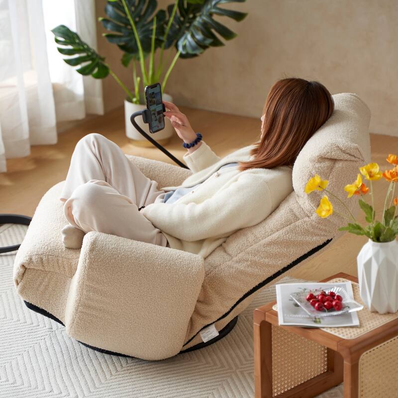 Upholstered 360° Swivel Manual Leisure Recliner with Mobile Phone Holder, Adjustable Headrest and Backrest