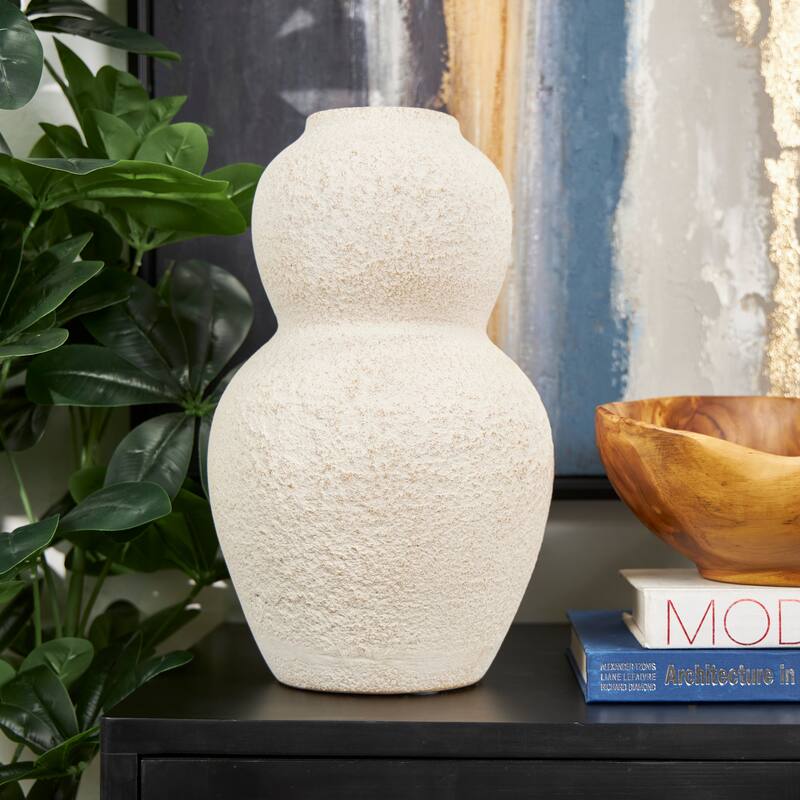 Cream Ceramic Hourglass Textured Vase with Brown Distressing - Cream - 9"W, 15"H