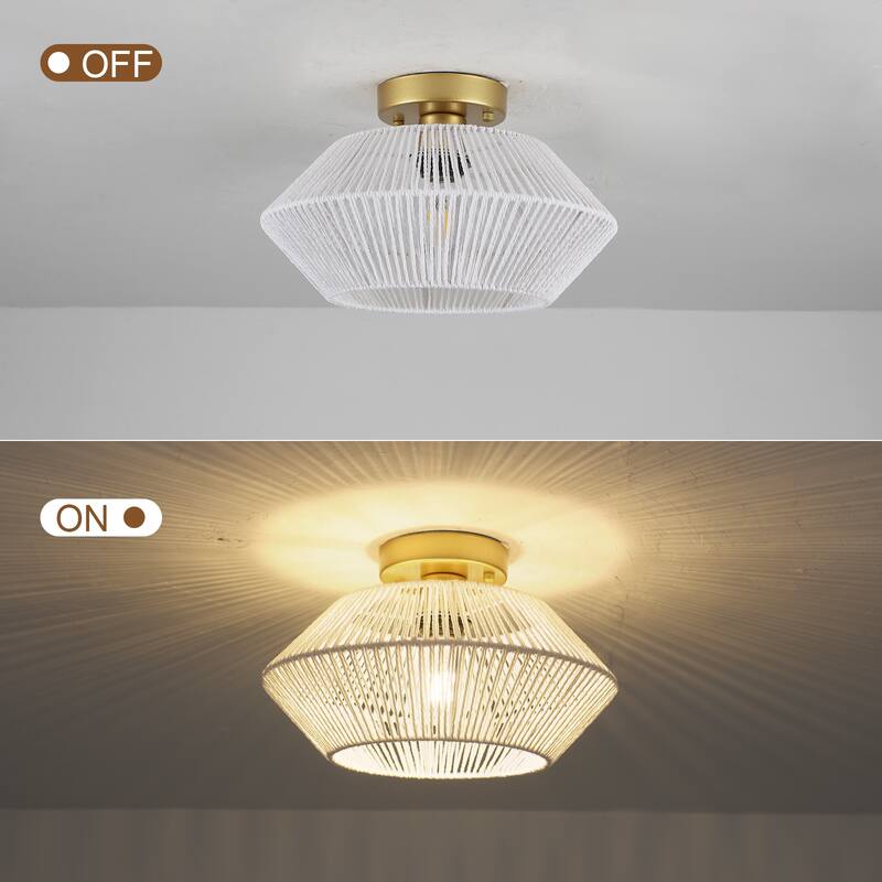 1-Light Farmhouse Style Classic Semi Flush Mount Chandelier, Hand-Woven Semi-Flush Mount Ceiling Light with Drum Shade