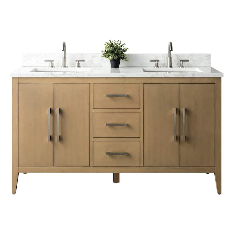 Vanity Art 60" Double Sink Bathroom Vanity Cabinet with Engineered Marble Top
