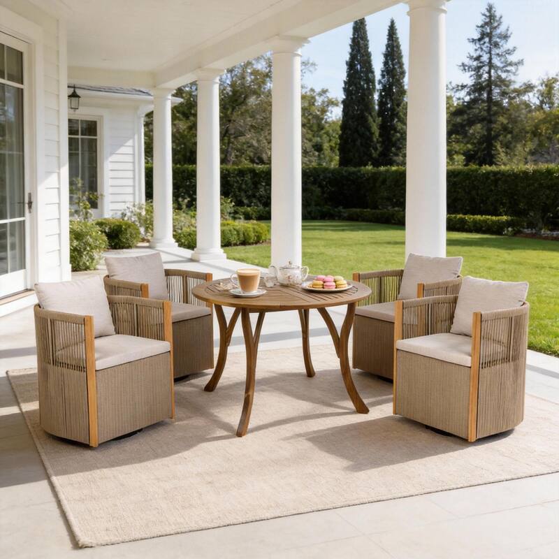Christopher Knight Home - Faye 5-Piece Outdoor Acacia Wood Swivel Dining Set with Rope Cushioned Chairs & Curved-Leg Round Table