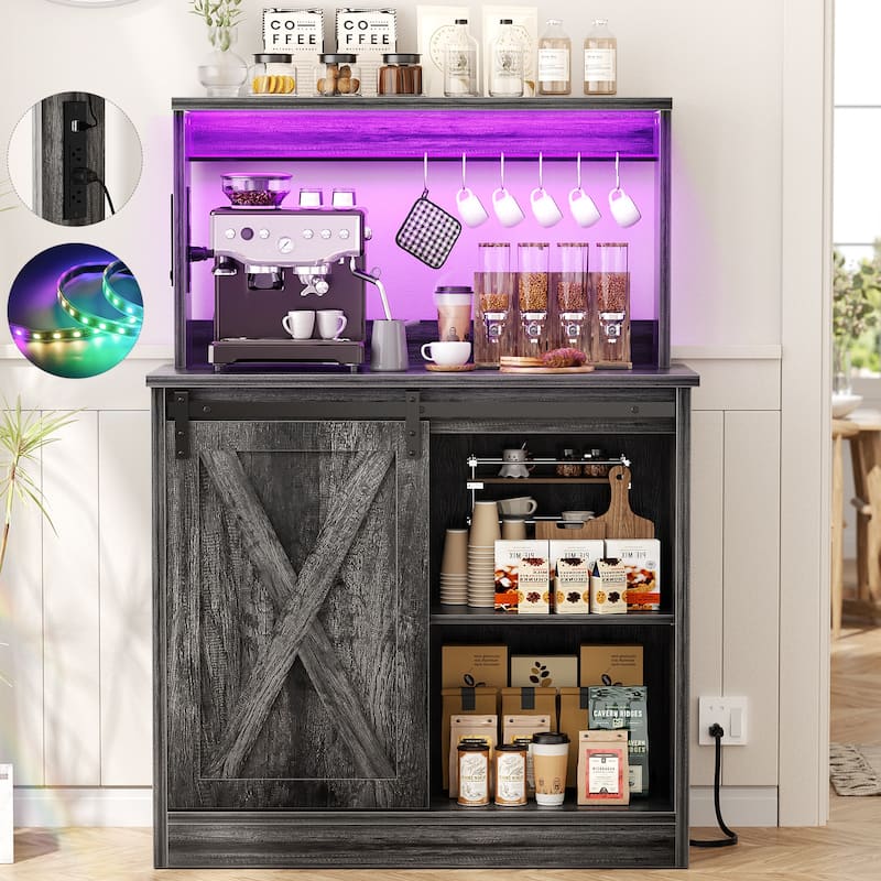 Farmhouse Wine Bar Cabinet with Barn Door & Charging Station,Sturdy Buffet Coffee Bar Cabinet with LED Lights & Hutch