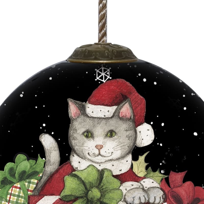 Christmas Cat with Presents Hand Painted Mouth Blown Glass Ornament - 3"x 3" x 3"